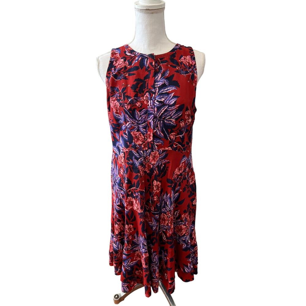 Rebecca Taylor Silk Flame of the Forest Floral Print Sleeveless Dress Red Blue - Picture 2 of 8